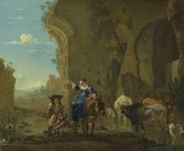 An Italianate landscape with travellers by a stream with cattle