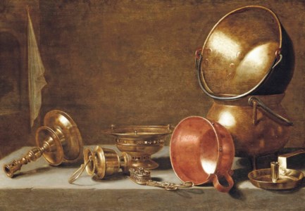 Copper pots and pans, an overturned candlestick holder and a candle snuffer on a stone ledge