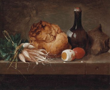 Parsnips, a loaf of bread, eggs and a bottle on a stone ledge