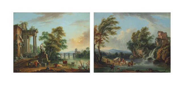 An Italianate wooded landscape with figures by a fountain, before classical ruins, with cattle on a shore, a bridge beyond; and An Italianate wooded landscape with figures in a cart crossing a stream, a waterfall and a mill beyond