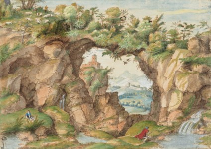 A rocky arch with figures by a stream, and buildings in a hilly landscape beyond