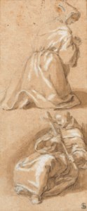 A kneeling monk in prayer and a seated monk holding a cross