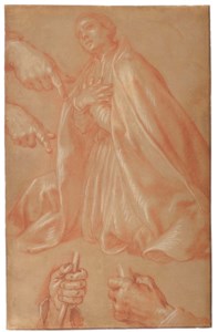 A kneeling saint with studies of hands holding a stick
