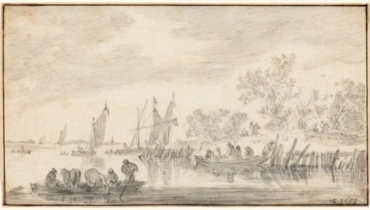 A river landscape with a ferry and other boats