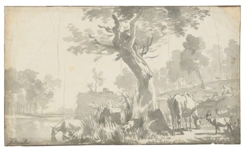 A herdsman with cattle and goats on a river bank