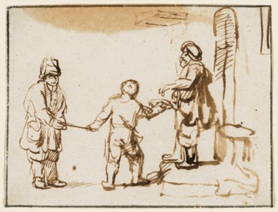 A boy leading a blind man to receive alms