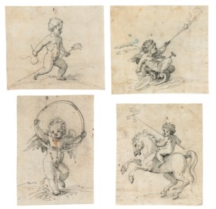 Four drawings of putti at play