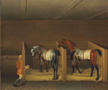 A Stable Interior, a Groom bringing Oats to a Bay and a Grey Stallion
