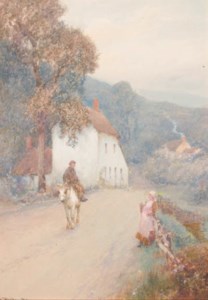 Figures and a shire horse on a country lane, believed to be Newton Peppleford, Devon