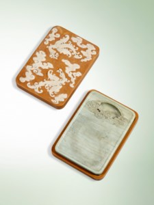 A RARE IMPERIAL SONGHUA INK STONE, BOX AND COVER, QIANLONG FOUR-CHARACTER INCISED SEAL MARK WITHIN A SQUARE AND OF THE PERIOD (1736-1795)