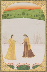 PROSHITAPREYASI NAYIKA : THE NAYIKA CONFIDES IN HER COMPANION, ATTRIBUTABLE TO AN ARTIST OF THE FIRST GENERATION AFTER MANAKU AND NAINSUKH, GULER, HIMACHAL PRADESH, INDIA, CIRCA 1770-80