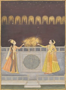LADIES WITH FIREWORKS ON A TERRACE, KISHANGARH, RAJASTHAN, INDIA, CIRCA 1730-40
