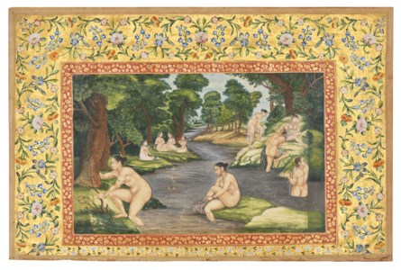WOMEN BATHING IN A RIVER, THE PAINTING MUGHAL INDIA, CIRCA 1680, WITH EXTENDED AREA SIGNED MAHMUD; THE CALLIGRAPHY SIGNED IMAD AL-HASSANI, SAFAVID IRAN, EARLY 17TH CENTURY; MARGINS SIGNED MUHAMMAD BAQIR AND MUHAMMAD HADI, ZAND IRAN, DATED AH 1172 / 1758-9 AD