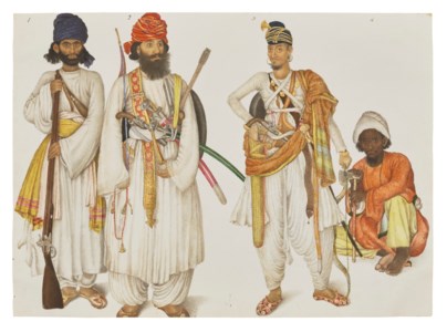 FOUR TRIBESMEN, BY A MASTER OF THE FRASER ALBUM, DELHI, INDIA, CIRCA 1816-20