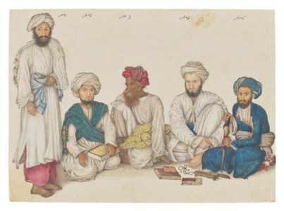 FIVE TRIBESMEN, BY A MASTER OF THE FRASER ALBUM, DELHI, INDIA, CIRCA 1816-20