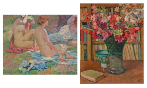 Baigneuses ou A l'ombre des pins ( recto ); Mélange de fleurs devant une bibliothèque ou Grand bouquet ( verso )