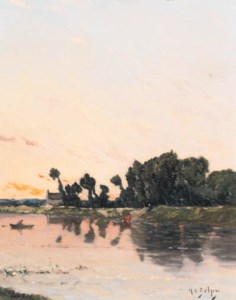 A lake landscape at sunset