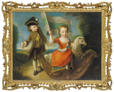 Double portrait of a boy and girl, full-length, the boy in a brown suit and breeches, holding a whip, and the girl in a red dress with a sash of flowers, seated on a rocking horse waving a flag, a landscape beyond