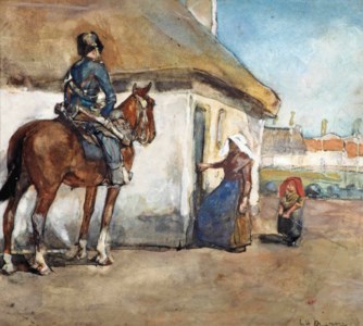 A hussar near a farmhouse