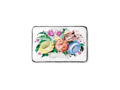 Three enamel plaques; A comb set with enamel plaques; and A small box with a design for 'Ruslan and Liudmila'