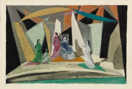 A group of theatre designs: Four costume designs; Two set designs; and Two headdress designs