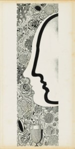 Faces in profile with a floral motif