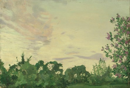 Twilight. Evening landscape with a lilac bush on the right