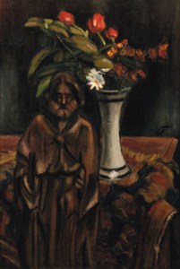 A still life with flowers and a sculpture