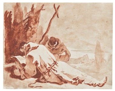 Two monks reading by a cross in a landscape