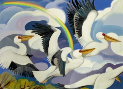 Untitled (Cranes with Rainbow)