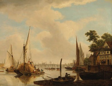View of London Bridge with a hay barge in the foreground