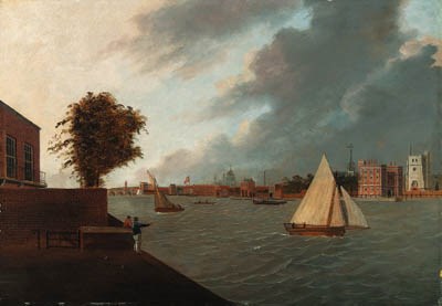 View from the North bank of the river Thames from Millbank, with Lambeth Palace, and St. Paul's Cathedral beyond