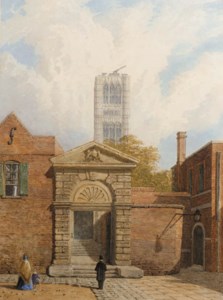 The gateway of Westminster School with works in progress to the tower beyond
