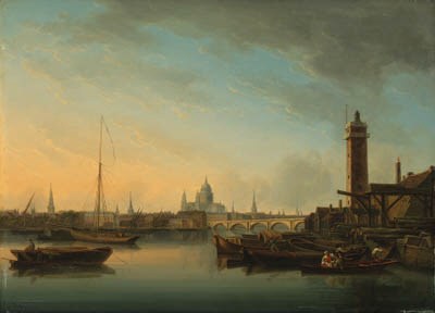 View across the river Thames with a timber yard in the foreground and St. Paul's Cathedral beyond