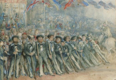 'Fish out of water': Sailors from H.M.S. The Galatea keeping the ground on the occasion of the entry into London, after the marriage of the Duke and Duchess of Edinburgh
