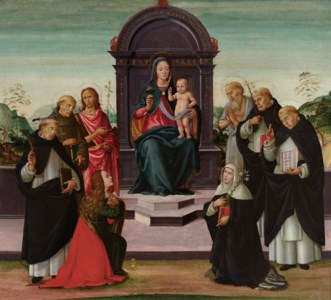 The Madonna and Child Enthroned with Mary Magdalene, Saints Peter Martyr, Francis, John the Baptist, Catherine of Siena, Thomas Aquinas, Dominic and Jerome with Saint George in Prayer in a landscape