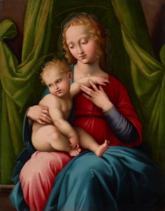 The Madonna and Child seated beneath a green draped curtain