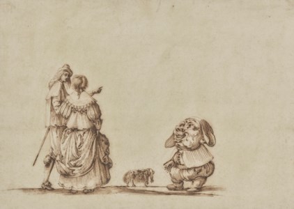 A dwarf addressing an elegant couple walking their dog