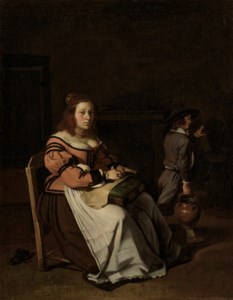 A lady sewing lace in an interior
