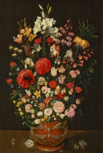 Tulips, peonies, roses, crown imperial, lilies, anemones, irises, carnations, sneak's head fritillary, forget-me-not, lily-of-the-valley, love-in-a-mist, cyclamen and other flowers in a terracotta vase, on a ledge with a butterfly and other insects