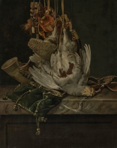 A partridge, a hunting horn, hawking hoods and a gold-trimmed green velvet hunting bag hanging above a marble ledge
