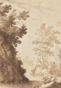 A rocky river landscape with a distant town