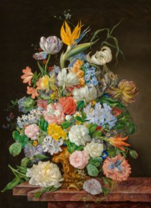 A bird of paradise, roses, tulips and other flowers in a gilt bronze vase on a stone ledge