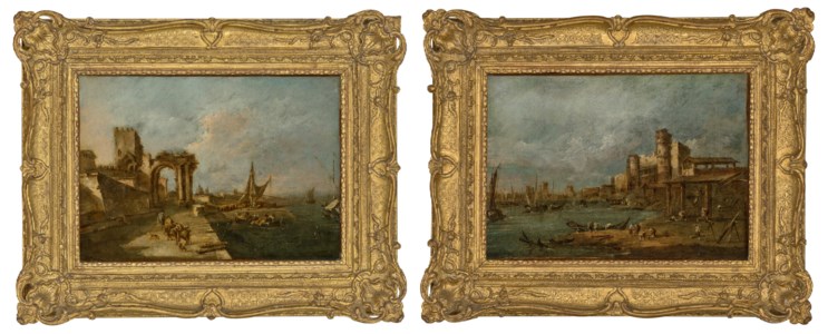 Capriccio with a ruined arch, a tower beyond and a seaport with boats and small vessels, a domed church in the distance; and Capriccio with an arsenal, several shipwrights at work in a boatyard, boats and a town with towers beyond