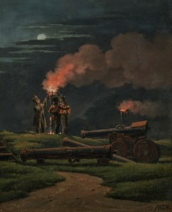 Artillerymen on guard at the Citadel of Copenhagen with Pitch Torches lit on the Occasion of the Crownprince Frederik (VII) marrying Princess Wilhelmina (Artillerister holder vagt ved begfakler i anledning af Frederik VII's og prinsesse Vilhelminas formaeling)
