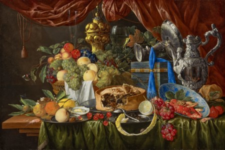 Jan Davidsz. de Heem, A pie on a pewter plate, a partially peeled lemon and overturned silver spoon on a pewter plate, crayfish and shrimp in a Wanli bowl, fruit, a walnut and an oyster on a pewter plate, a basket of fruit, a fluted glass, a silver-gilt cup, a roemer, an overturned silver tazza on a strong box, a silver ewer and a bread roll all on a partially draped table with a curtain beyond