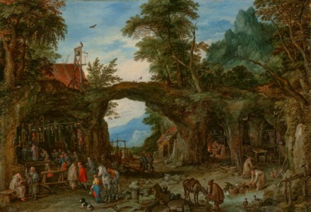 Jan Brueghel the Elder, A mountainous wooded landscape with hermits and a mass being held at a shrine