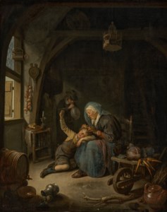 Gerrit Dou, A cottage interior with an old woman ('Rembrandt's Mother') delousing a boy's hair