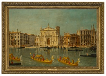 Venice: The Grand Canal with the Church of San Stae, with gilded gondolas in the foreground