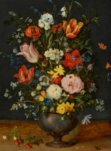Roses, parrot tulips, narcissi, a lily, a delphinium, borage, moss roses, forget-me-nots, viola and other flowers in a pewter vase, with a strawberry sprig and a fly on a wooden ledge
